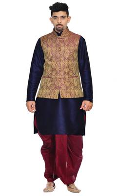 Blue Plain Art Silk Dhoti Kurta 1
