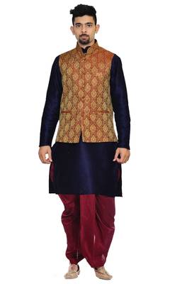 Blue Plain Art Silk Dhoti Kurta 1