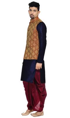 Blue Plain Art Silk Dhoti Kurta 2