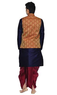 Blue Plain Art Silk Dhoti Kurta 3