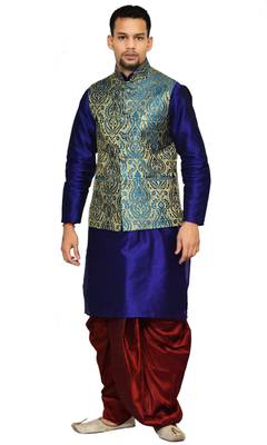 Blue Plain Art Silk Dhoti Kurta 1