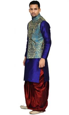 Blue Plain Art Silk Dhoti Kurta 2
