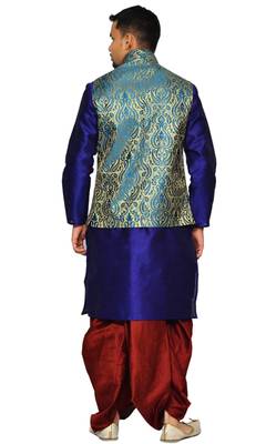 Blue Plain Art Silk Dhoti Kurta 3