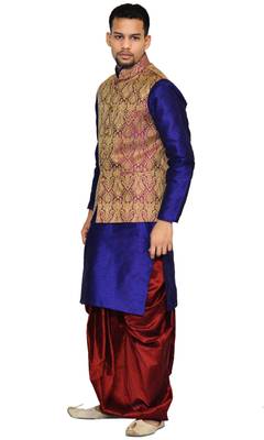 Blue Plain Art Silk Dhoti Kurta 3