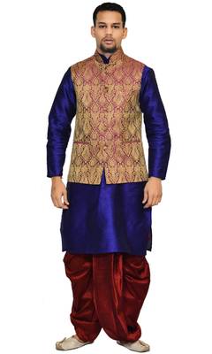 Blue Plain Art Silk Dhoti Kurta 4