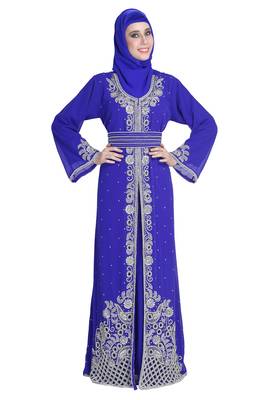Royal blue embroidered georgette moroccan islamic kaftans 1