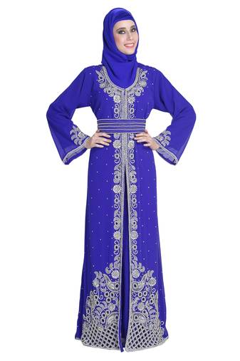 Royal blue embroidered georgette moroccan islamic kaftans