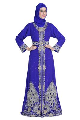 Royal blue embroidered georgette moroccan islamic kaftans 1