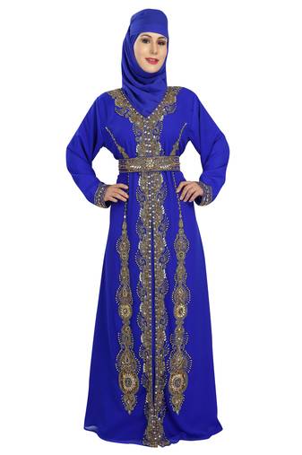 Royal blue embroidered georgette moroccan islamic kaftans