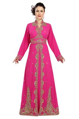 Pink embroidered georgette moroccan islamic kaftans 1