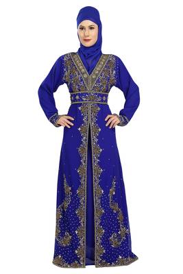Royal blue embroidered georgette moroccan islamic kaftans 1