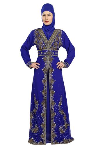 Royal blue embroidered georgette moroccan islamic kaftans
