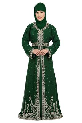 Bottle green embroidered georgette moroccan islamic kaftans 1