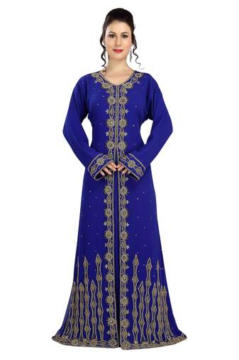 Royal blue embroidered georgette moroccan islamic kaftans