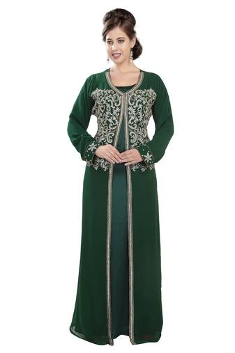 Bottle green embroidered georgette moroccan islamic kaftans