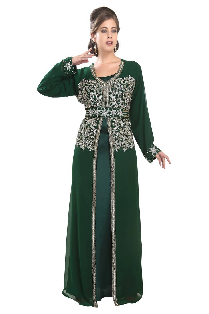 Bottle green embroidered georgette moroccan islamic kaftans
