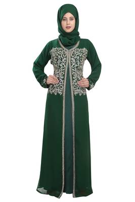 Bottle green embroidered georgette moroccan islamic kaftans 3