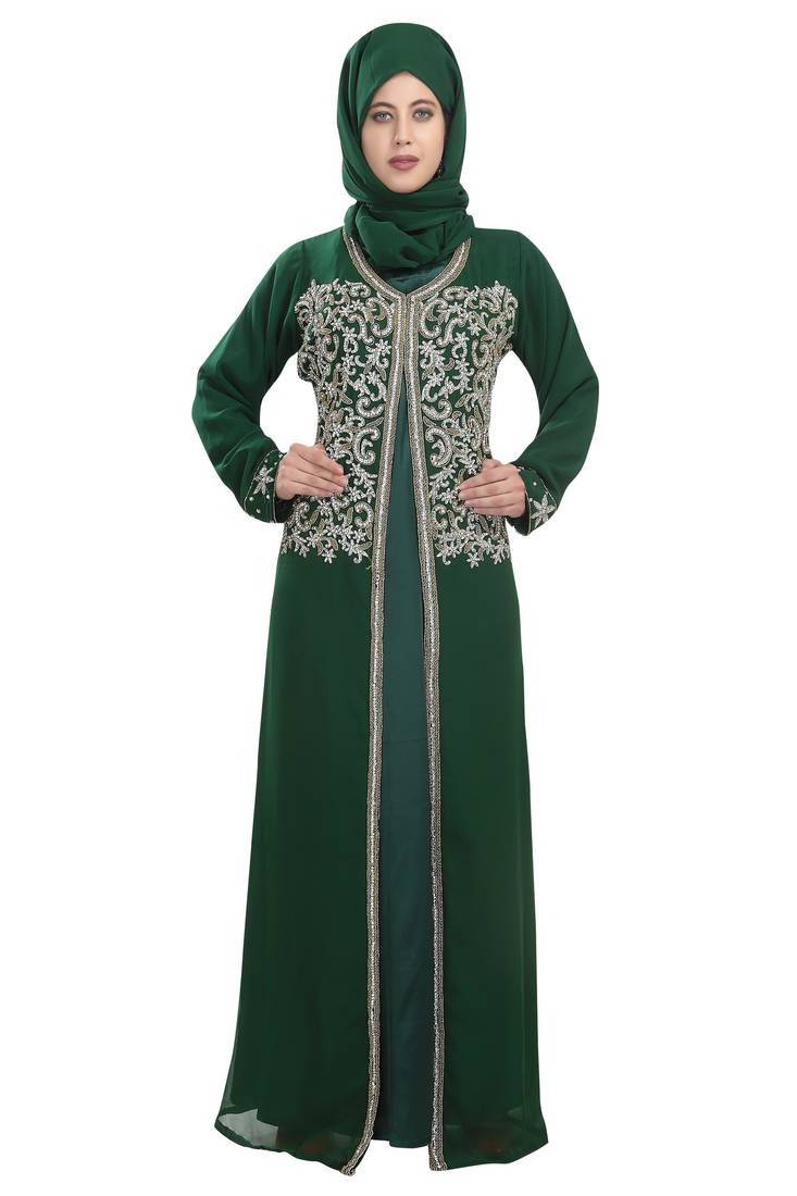 Bottle green embroidered georgette moroccan islamic kaftans