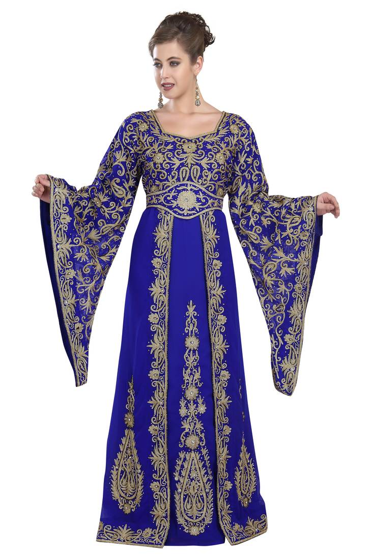 Royal blue embroidered georgette moroccan islamic kaftans