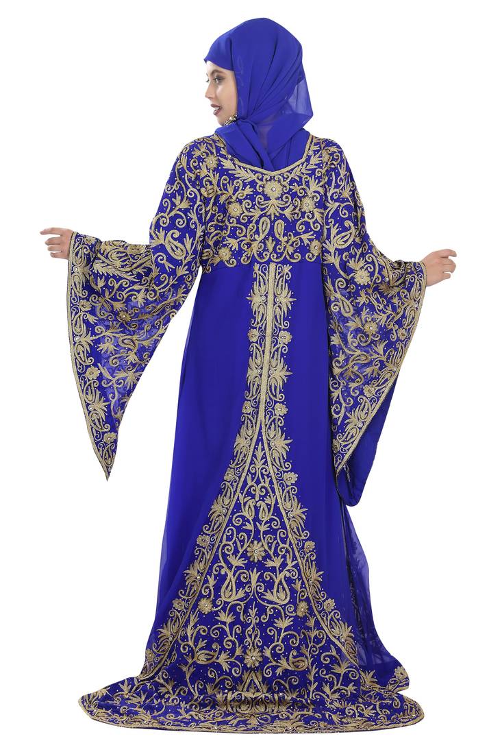 Royal blue embroidered georgette moroccan islamic kaftans