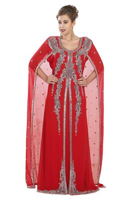 Red embroidered georgette moroccan islamic kaftans 3
