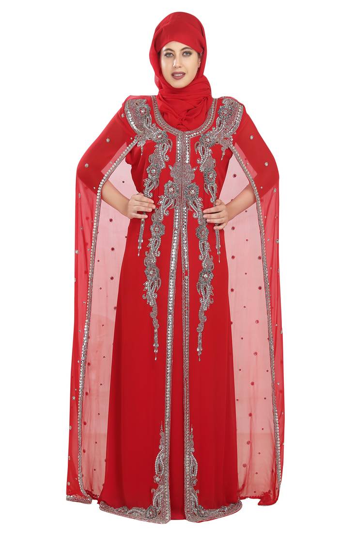 Red embroidered georgette moroccan islamic kaftans