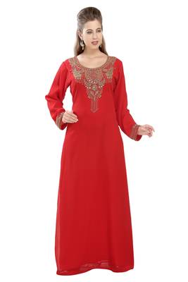 Red embroidered georgette moroccan islamic kaftans 1