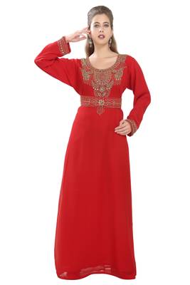 Red embroidered georgette moroccan islamic kaftans 3