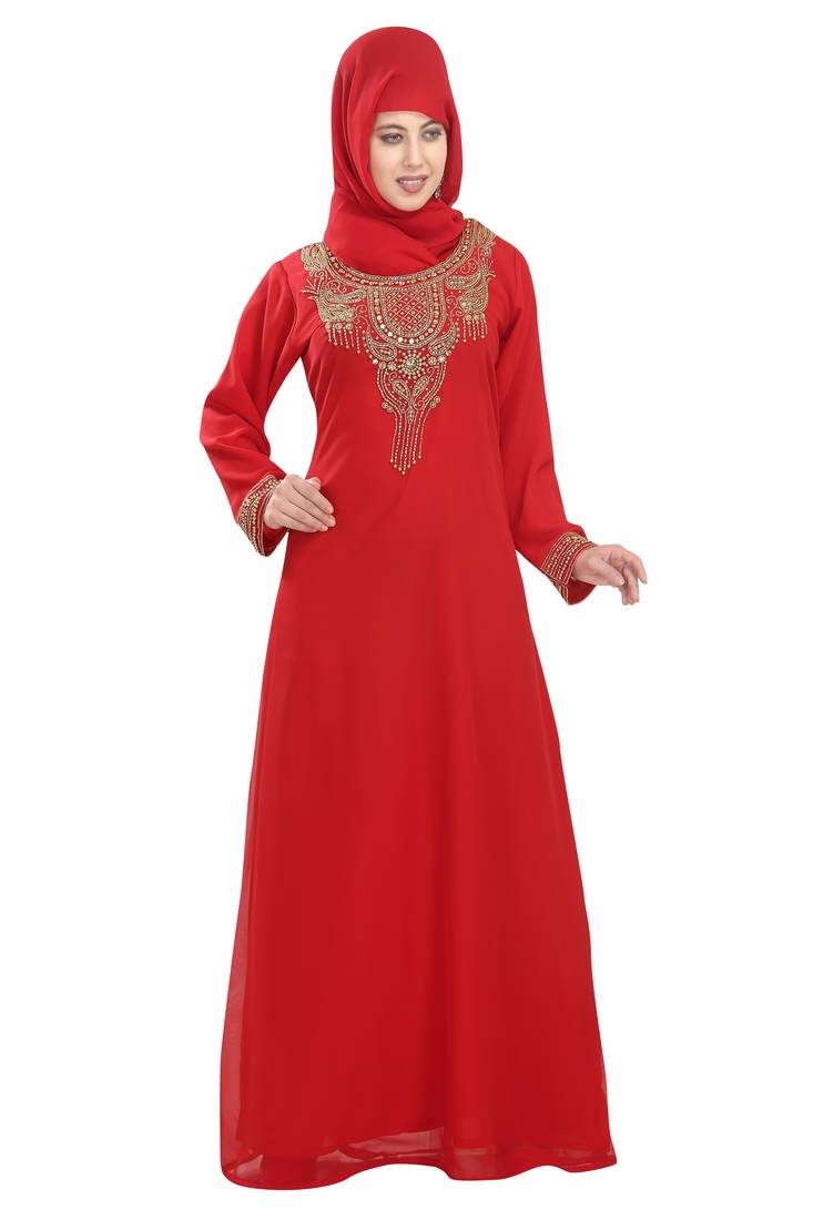 Red embroidered georgette moroccan islamic kaftans