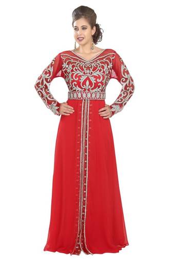 Red embroidered georgette moroccan islamic kaftans