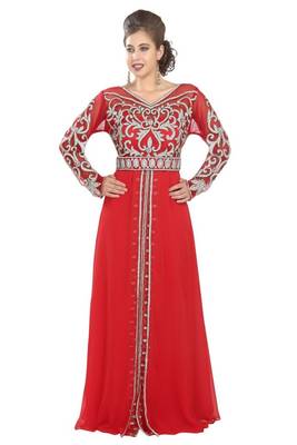 Red embroidered georgette moroccan islamic kaftans 1