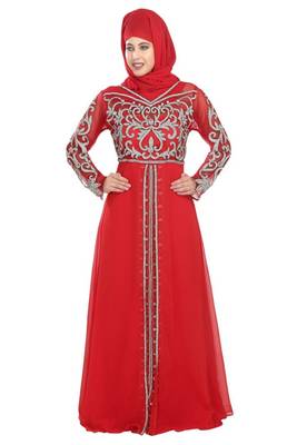 Red embroidered georgette moroccan islamic kaftans 3