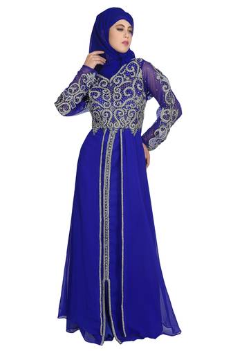 Royal blue embroidered georgette moroccan islamic kaftans