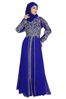 Royal blue embroidered georgette moroccan islamic kaftans 1