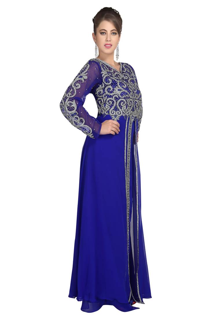 Royal blue embroidered georgette moroccan islamic kaftans