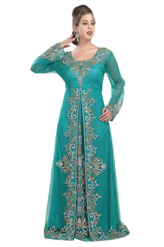 Turquoise Georgette Zari Embroidered Moroccan Kaftan