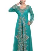 Turquoise Georgette Zari Embroidered Moroccan Kaftan