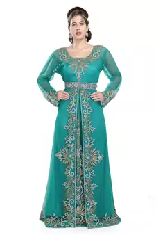 Turquoise Georgette Zari Embroidered Moroccan Kaftan