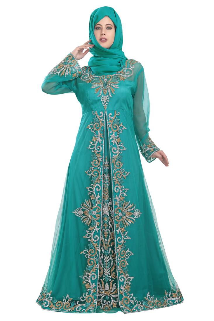 Turquoise Georgette Zari Embroidered Moroccan Kaftan