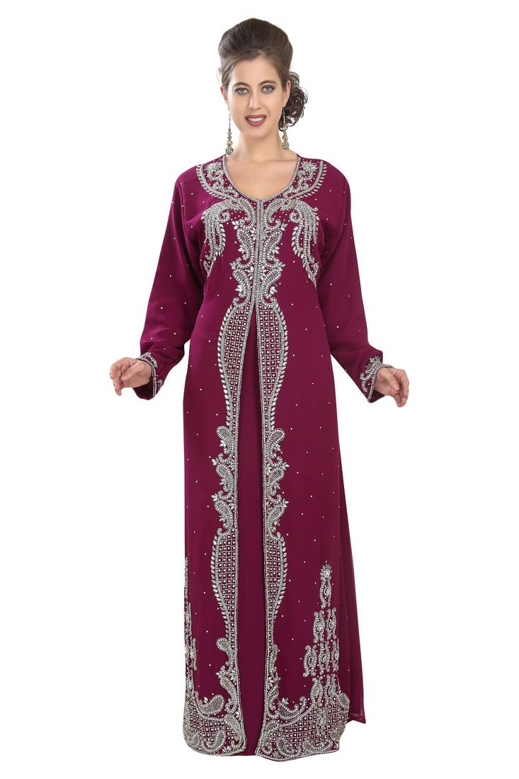 Magenta embroidered georgette moroccan islamic kaftans