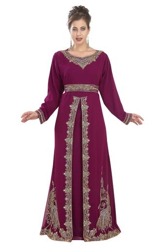 Magenta embroidered georgette moroccan islamic kaftans