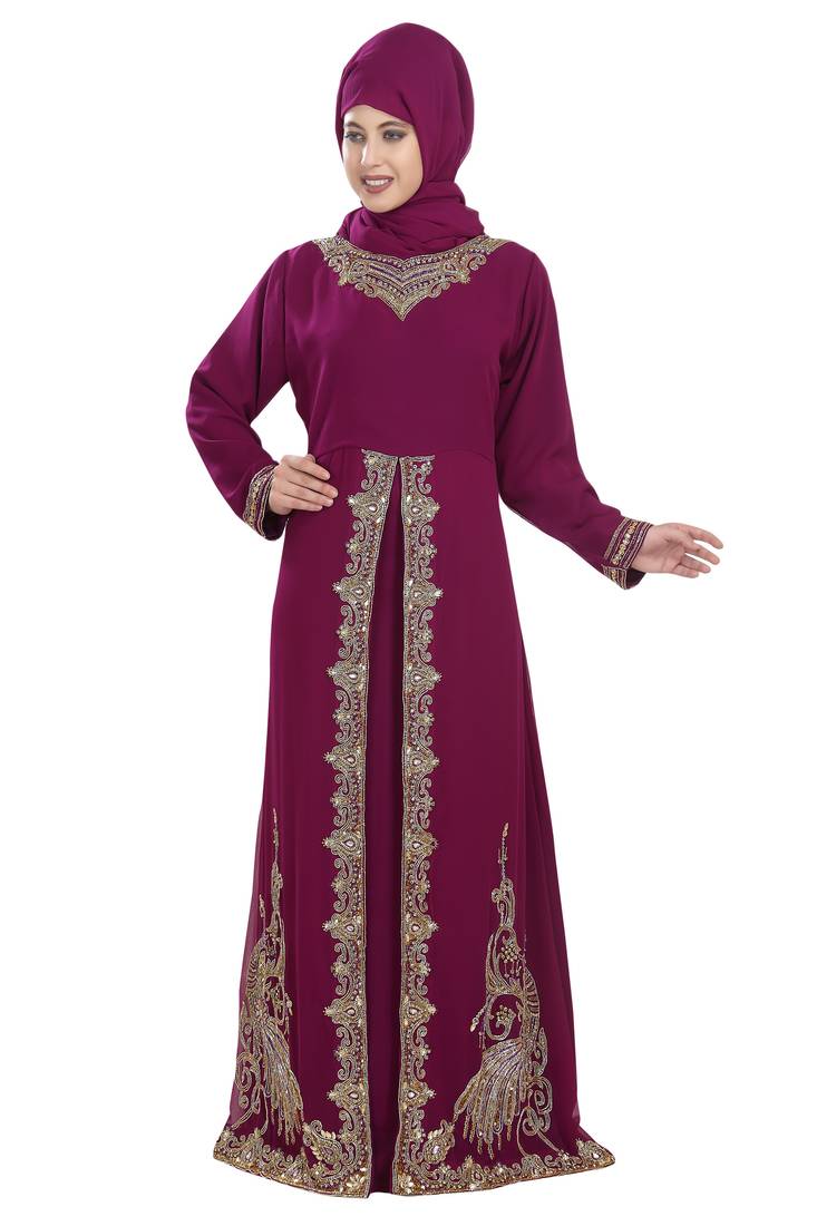 Magenta embroidered georgette moroccan islamic kaftans