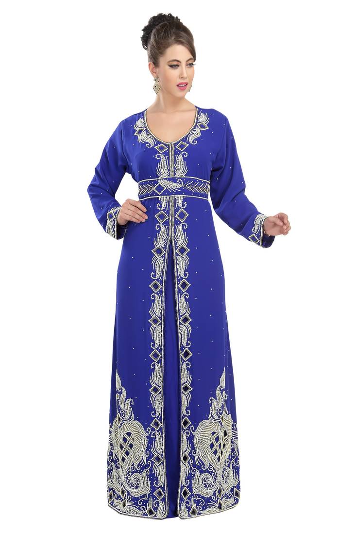 Royal blue embroidered georgette moroccan islamic kaftans