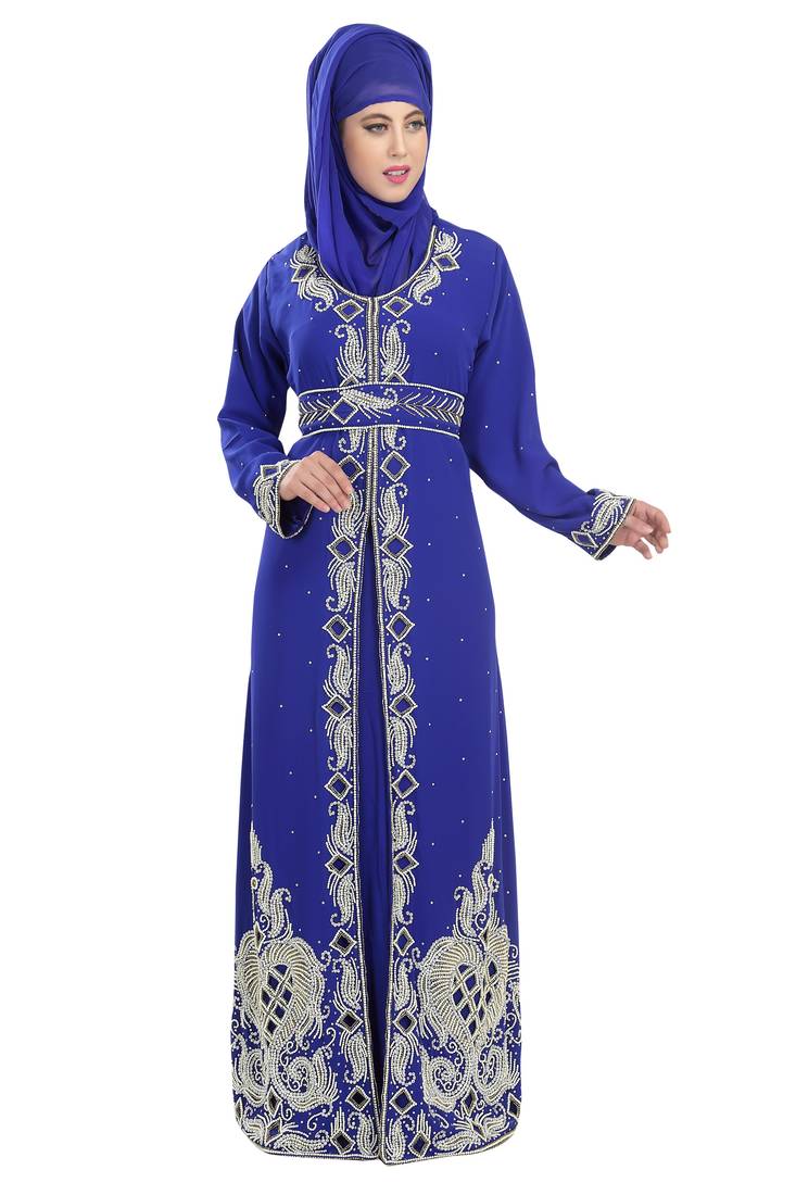 Royal blue embroidered georgette moroccan islamic kaftans
