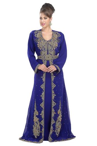 Royal blue embroidered georgette moroccan islamic kaftans