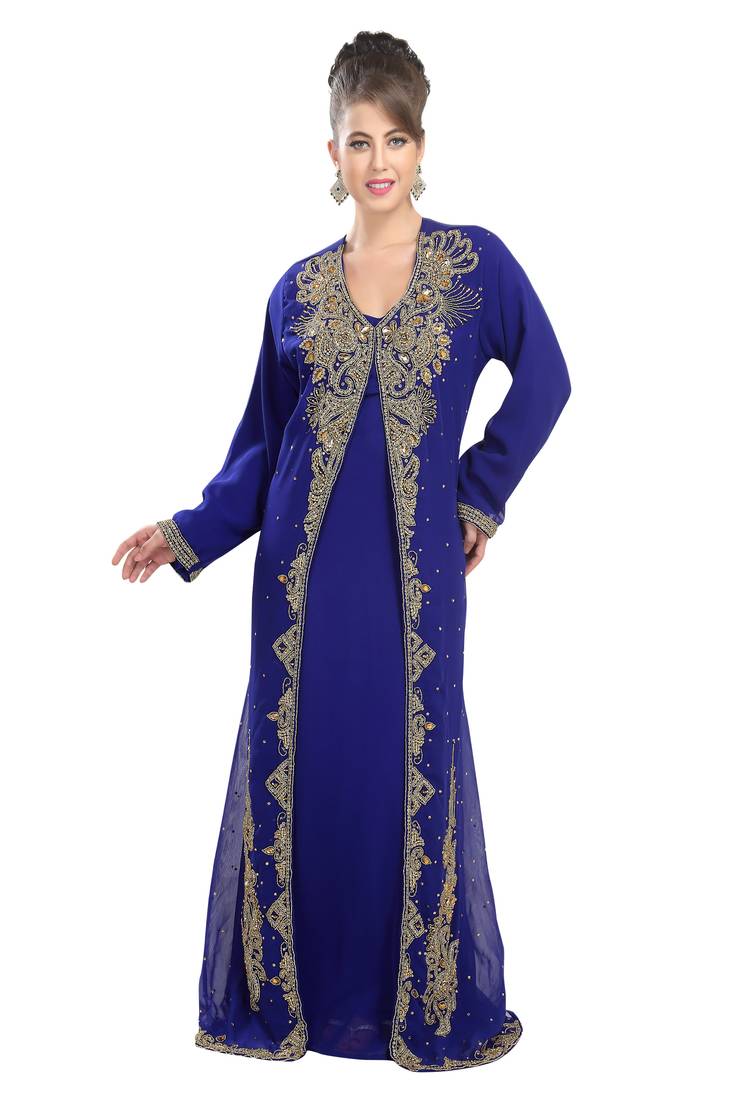 Royal blue embroidered georgette moroccan islamic kaftans