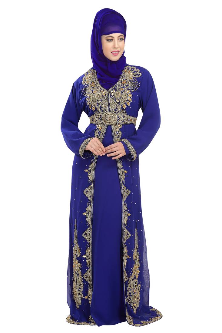 Royal blue embroidered georgette moroccan islamic kaftans