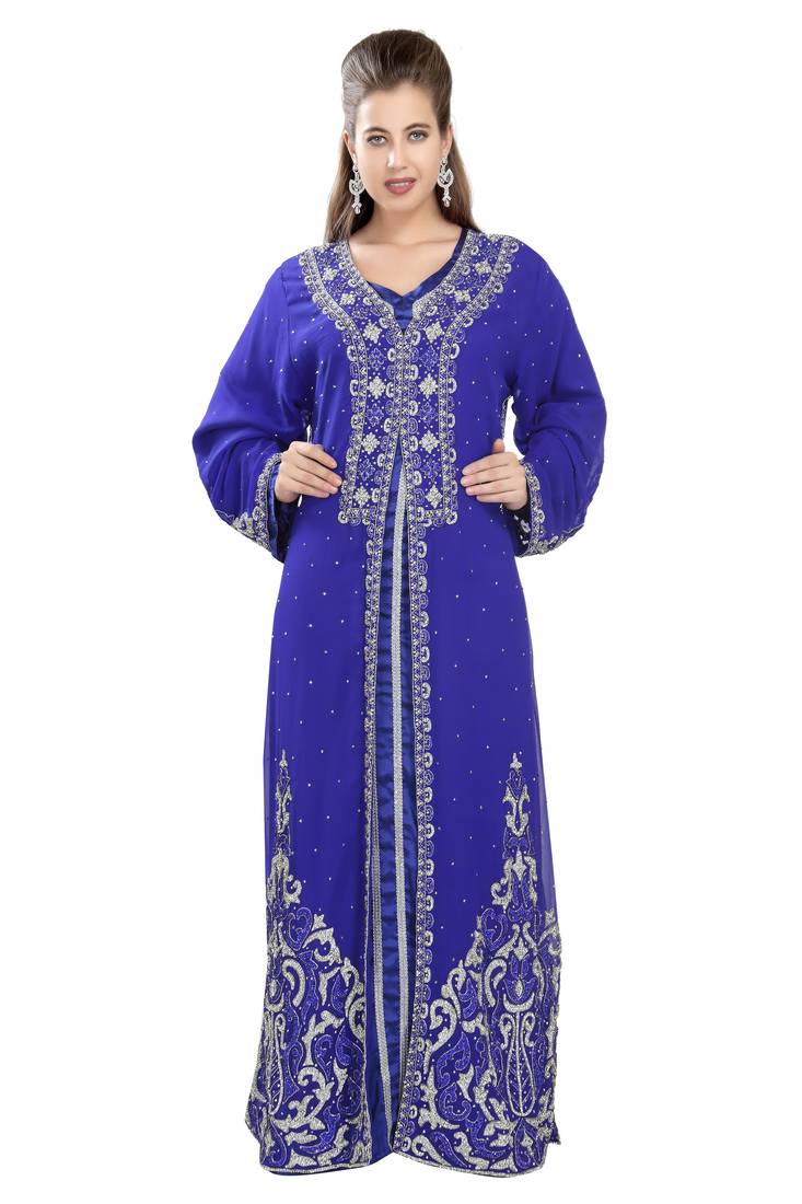 Royal blue embroidered georgette moroccan islamic kaftans