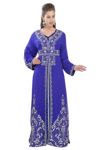 Royal blue embroidered georgette moroccan islamic kaftans