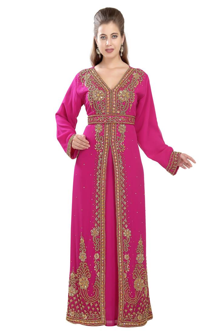 Pink embroidered georgette moroccan islamic kaftans